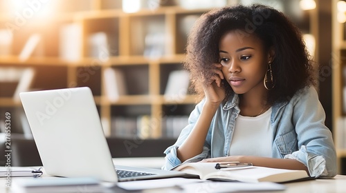 Focused young woman studying at a laptop in a library