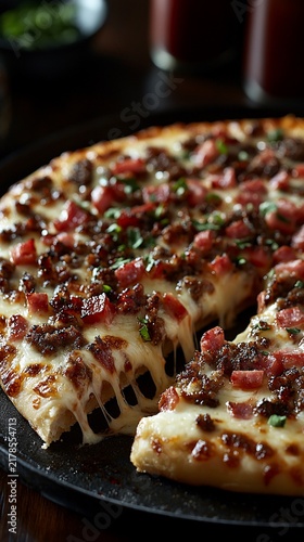 Delicious meat pizza with melted cheese and herbs.