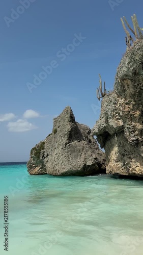 Tropical beach shore turquoise ocean waves lapping limestone rock cliff cactus stationary low angle view clear blue sky sunny day coastal paradise paradise island vacation travel concept
