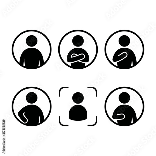 Six black silhouette icons of people experiencing stomach pain or discomfort