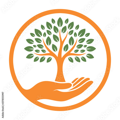 Hand holding tree with green leaves in orange circle eco friendly symbol