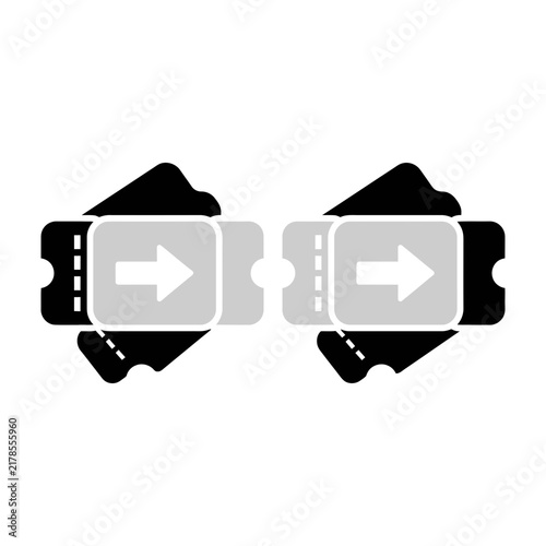 Two hands holding gray tickets with white arrows pointing opposite directions