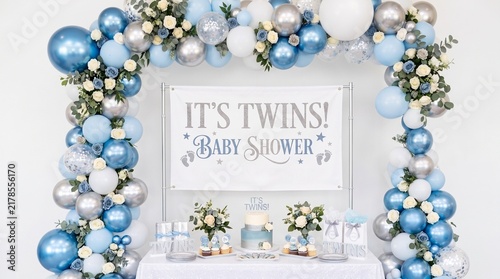 It's Twins baby shower decoration with blue silver balloon arch and sign