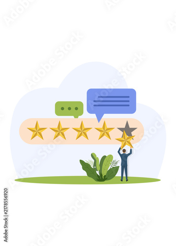 A person places the fifth golden star to give a top rating and positive feedback for online business service.