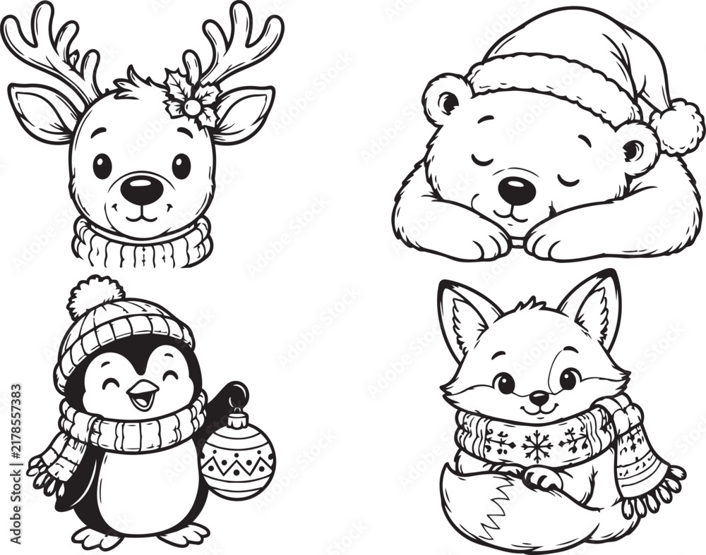 Fototapeta premium Cute Winter Animal Icon Set Line Art Deer Bear Penguin Fox Vector Illustration Black and White