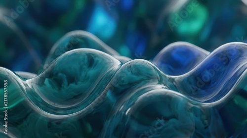Teal and deep blue abstract liquid waves feature glossy translucent textures with organic swirled patterns