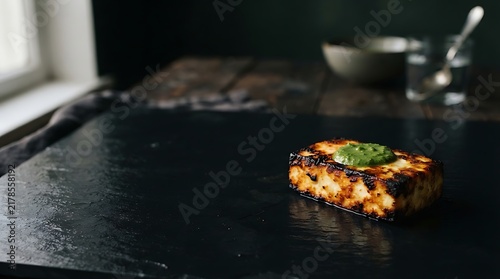 A single piece of grilled halloumi cheese topped with fresh green herbs on a dark slate board