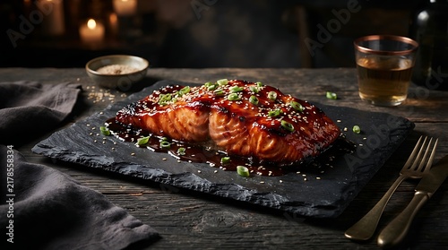 Delicious grilled salmon fillet topped with fresh pomegranate seeds served on a rustic dark slate plate