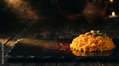 A gourmet serving of golden saffron rice topped with pomegranate seeds on a dark rustic plate