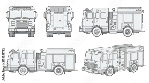 Detailed Orthographic Projection Views of a Modern Emergency Response Fire Engine Rescue Vehicle
