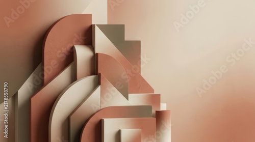 Terracotta and beige 3D geometric shapes create a layered architectural composition with soft lighting and side copy space