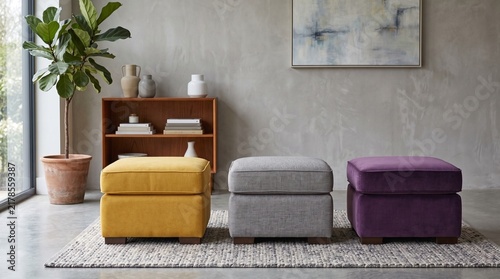 Three square upholstered ottomans in yellow grey and purple in modern living room