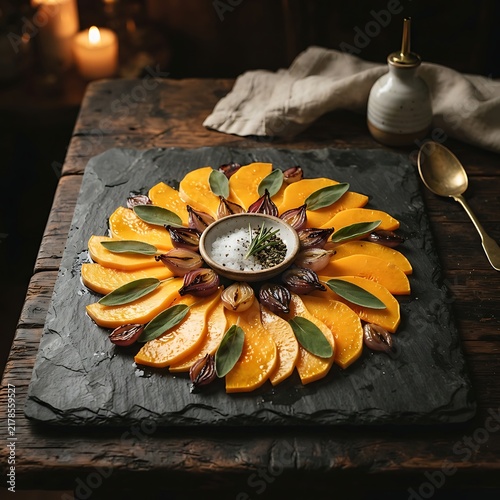 Gourmet appetizer plate with sliced persimmons fresh sage leaves and balsamic glaze on a dark rustic stone board