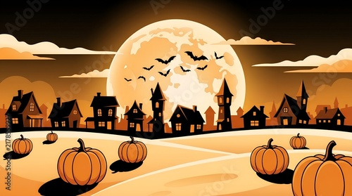 Halloween spooky night illustration, moonlit haunted village foreground, vector pumpkin field background, batch of orange autumn crops, silhouettes of cottages, flying bats