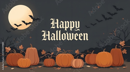 Vintage Happy Halloween Greeting Card Design with Pumpkins and Bats Under Full Moon, Retro Spooky Night Illustration for Autumn Festivals and October Celebrations
