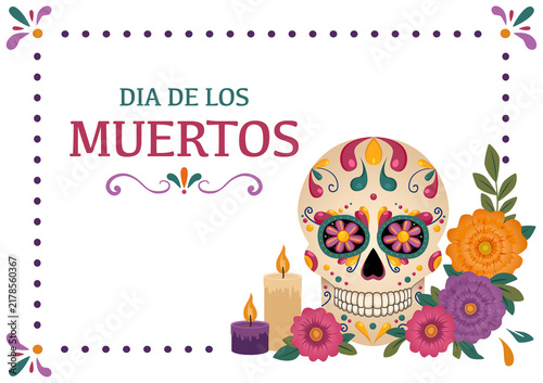 Traditional Mexican sugar skull, flowers and Dia De Los Muertos text – a greeting card for the Mexican Day of the Dead. Illustration on a transparent background
