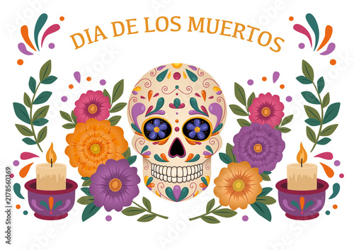 Traditional Mexican sugar skull, flowers and Dia De Los Muertos text – a greeting card for the Mexican Day of the Dead. Illustration on a transparent background