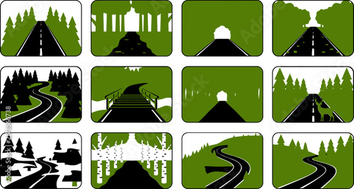 Minimalist forest road icons, set of 12 nature highway vector illustrations, green landscape path symbols for travel and navigation design