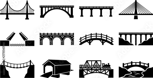 Bridge icon set with 12 black vector silhouettes, architectural bridge structures for civil engineering, suspension and arch bridge collection