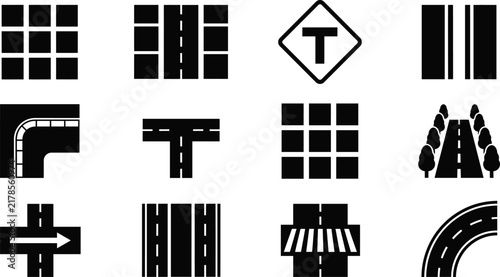 Road map icon set with 12 vector elements, black street navigation symbols, highway and intersection graphics for city planning
