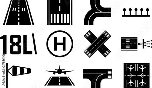 Airport runway icons set, aviation landing strip symbols, black and white airfield navigation vector elements for maps
