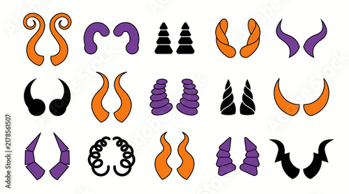 Devil Horns Set with Various Shapes and Colors, Including Orange, Purple, and Black. Halloween Costume Design Elements.