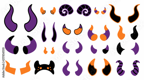 Devil Horns Set with Various Shapes, Sizes, and Color Combinations in Black, Orange, and Purple. Halloween Costume Design Elements
