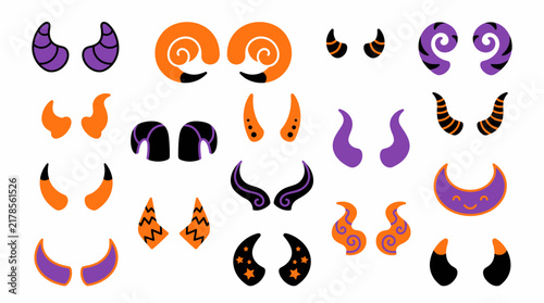 Devil Horns Set with Various Shapes, Colors, and Patterns. Halloween Decorative Elements for Festive Design. and Decoration