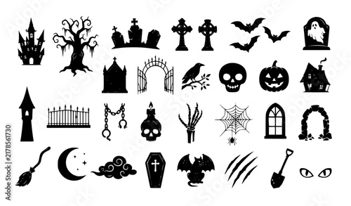 Cute Scary Halloween Black Silhouette Symbols and Gothic Stickers Vector Set