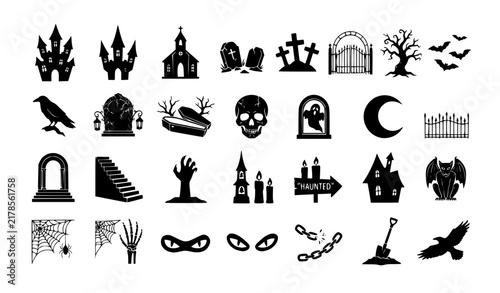 Spooky Halloween Graveyard and Haunted Castle Black Vector Sticker Collection