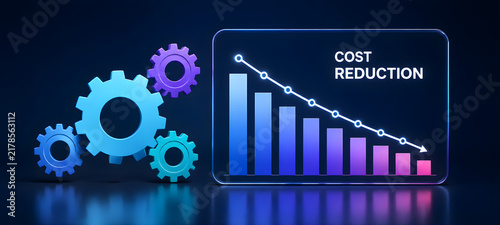 Cost Reduction Financial Chart with Downward Arrow and Industrial Gears Concept