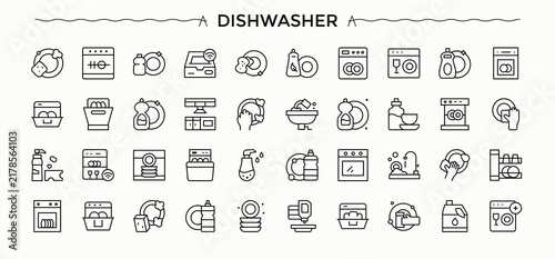 Dishwasher simple icon set. Wash icon set. Contain linear sign anti-bacterial, hygiene, bath, service, clean and more.