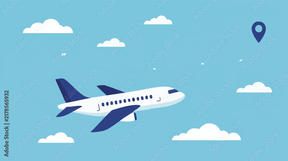 Fototapeta premium White airplane flying in blue sky with heart-shaped travel path and pin