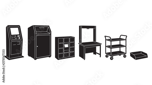 Set of office and library furniture icons including selfservice kiosk, book return bin, storage lockers, study desk, utility cart and tray