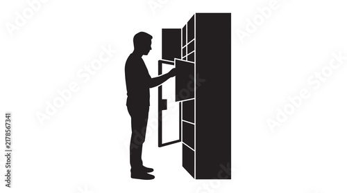 Silhouette of a man opening a locker or cabinet door, representing organization, storage, or searching for items