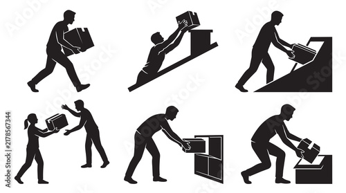 Set of silhouettes of people carrying, lifting, and placing cardboard boxes, warehouse logistics and delivery workers