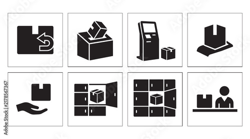 Set of logistics and delivery service icons including package return, drop box, selfservice kiosk, shipping, parcel handling, and locker storage