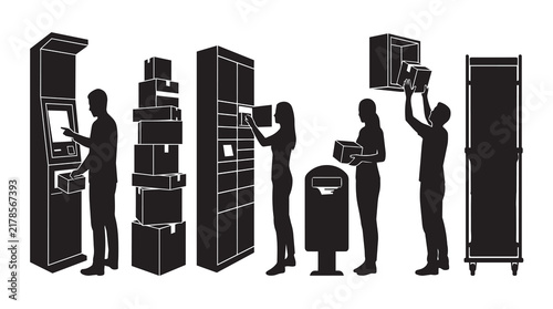 Silhouettes of people using parcel lockers, mailboxes, and interacting with delivery kiosks to send or receive packages