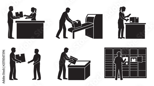 Set of icons representing shipping and delivery services, including counter service, package scanning, sorting, and parcel locker pickup