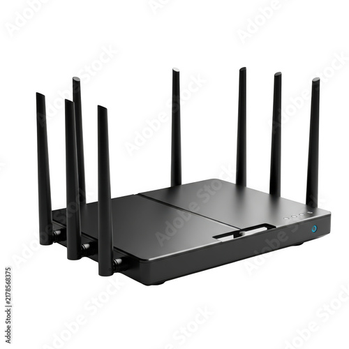 Obraz na płótnie Black wireless router with multiple antennas on white background