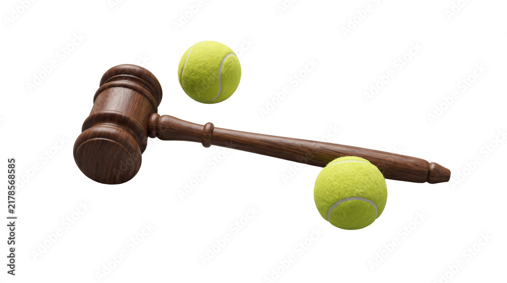 Naklejka premium Wooden judge gavel with yellow tennis balls, sports law and arbitration concept, legal justice in professional athletics isolated PNG with Transparent Background