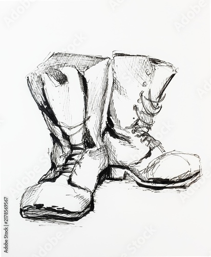 Hand drawn ink illustration of the old boots