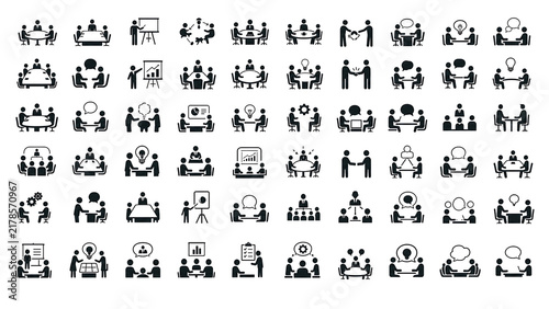 Business strategy icons in blue and grey colors are arranged on a transparent background.