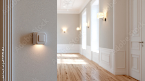 Minimalist hallway with smart sensor and empty wall, warm lighting, white trim, wooden floor, and bright interior