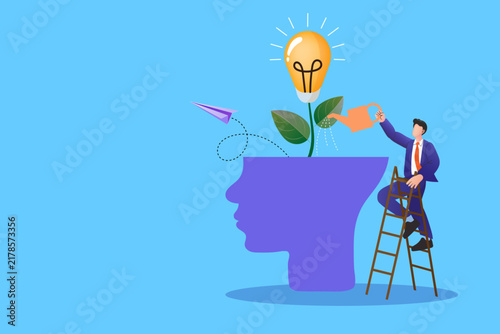 Corporate professional nurturing ideas with watering can into head vase, designed for business mindset development slides, intellectual innovation workshops, startup education, and skill learning ads.