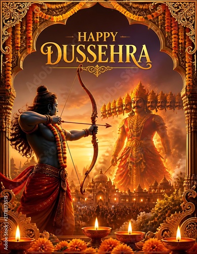 Happy dussehra celebration scene with mythological archer aiming at giant demon