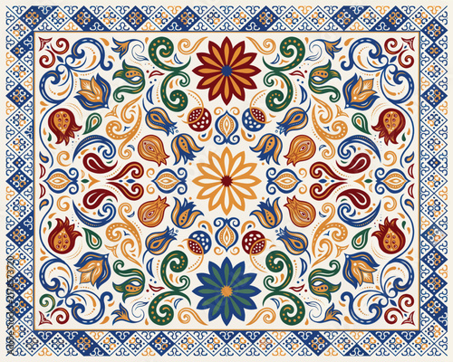Seamless Floral Pattern with Abstract Flowers, Geometric Mosaic Ornament and Vintage Azulejo Ceramic Design for Wallpaper, Textile, Fabric and Wall Decoration