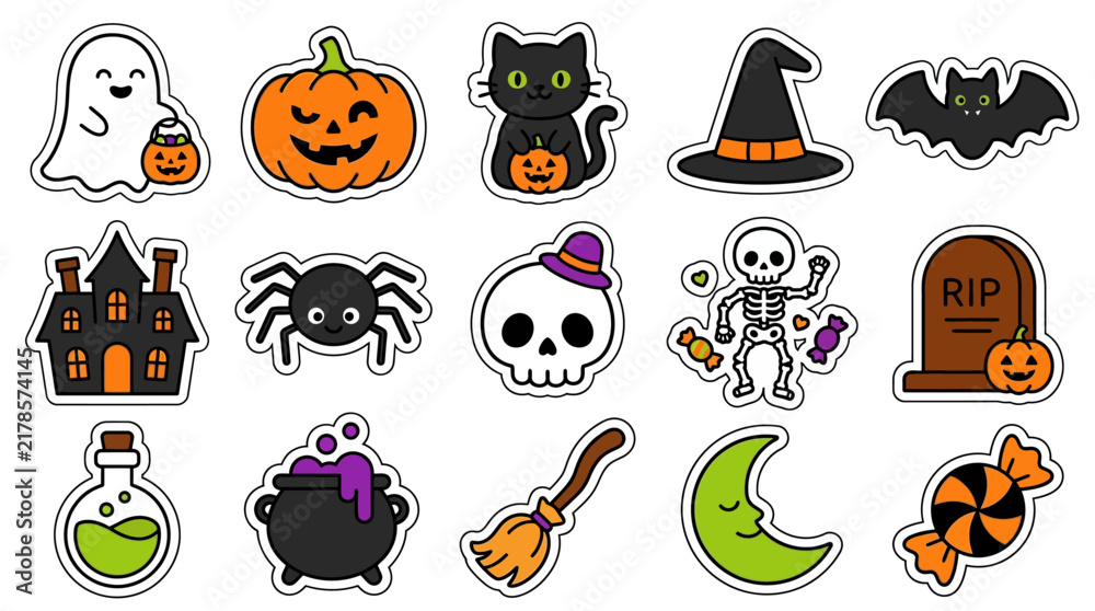 Fototapeta premium Set of cute halloween sticker designs featuring spooky characters and festive holiday elements for seasonal decorations