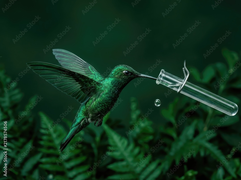 Fototapeta premium Conservation Hummingbird Hovering by Test Tube in Green Jungle