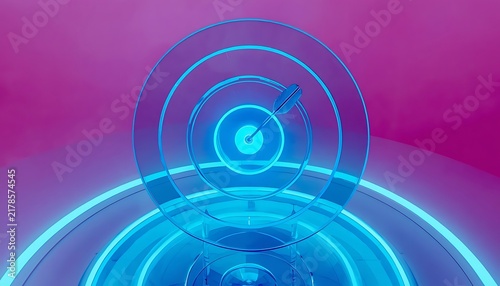 Glass arrow stuck in transparent bullseye with neon blue light rings for design.